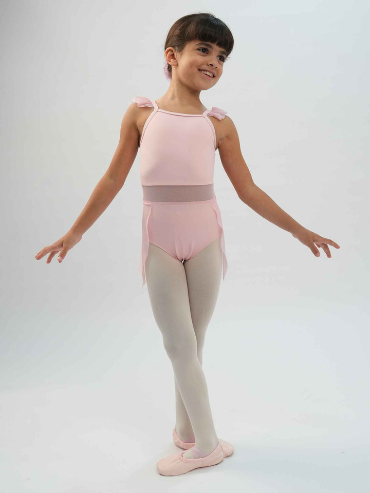 Vestido de ballet camisole avec manches volantes para niña, corsage avec panneau en mesh, falda attachée, design classique avec dos droit et devant en forme de V, couleur rosa clair