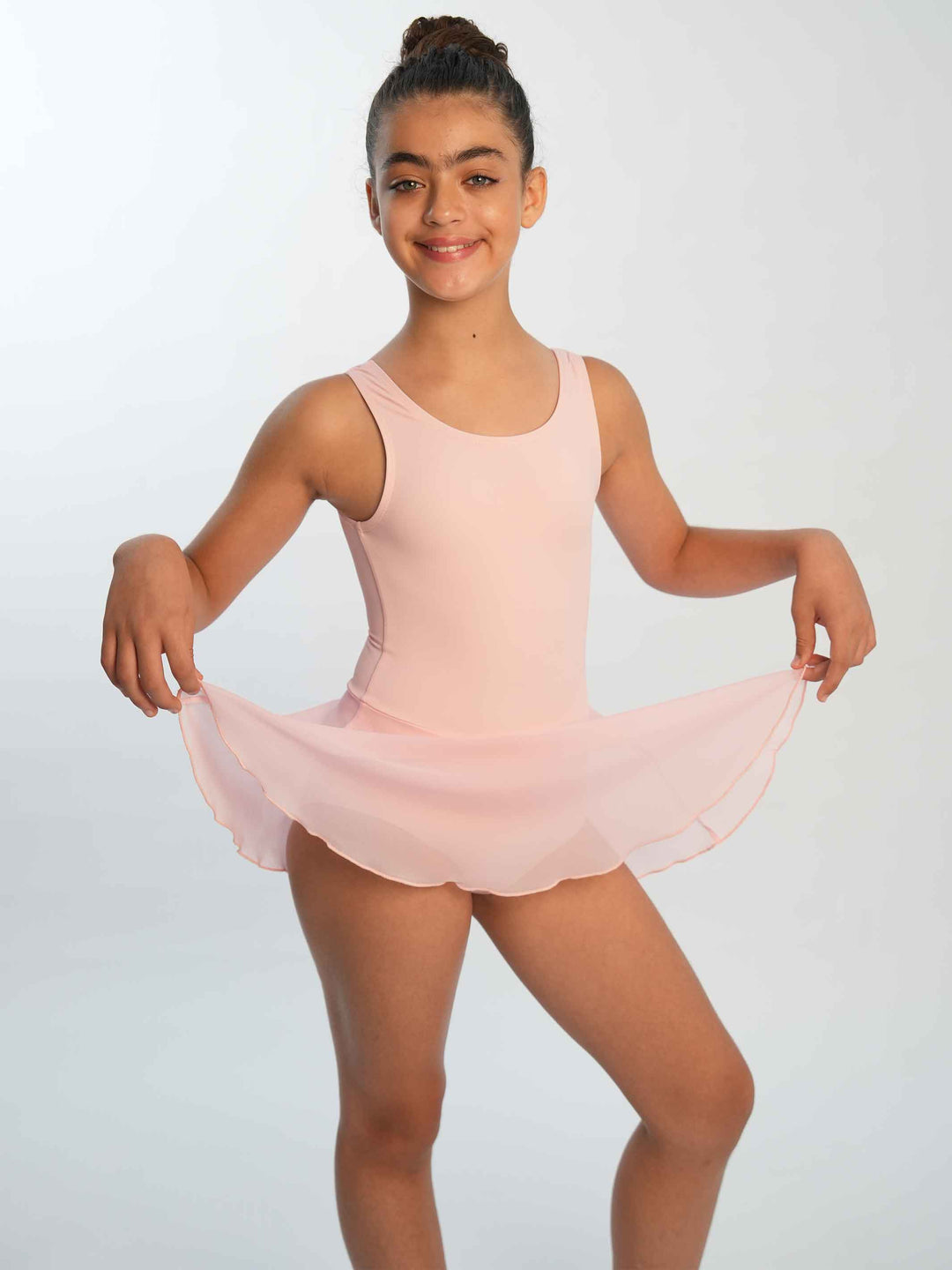 Vestido de ballet para niña à manches tank, falda fluido en mesh intégrée, couleur rosa clair - vue de face