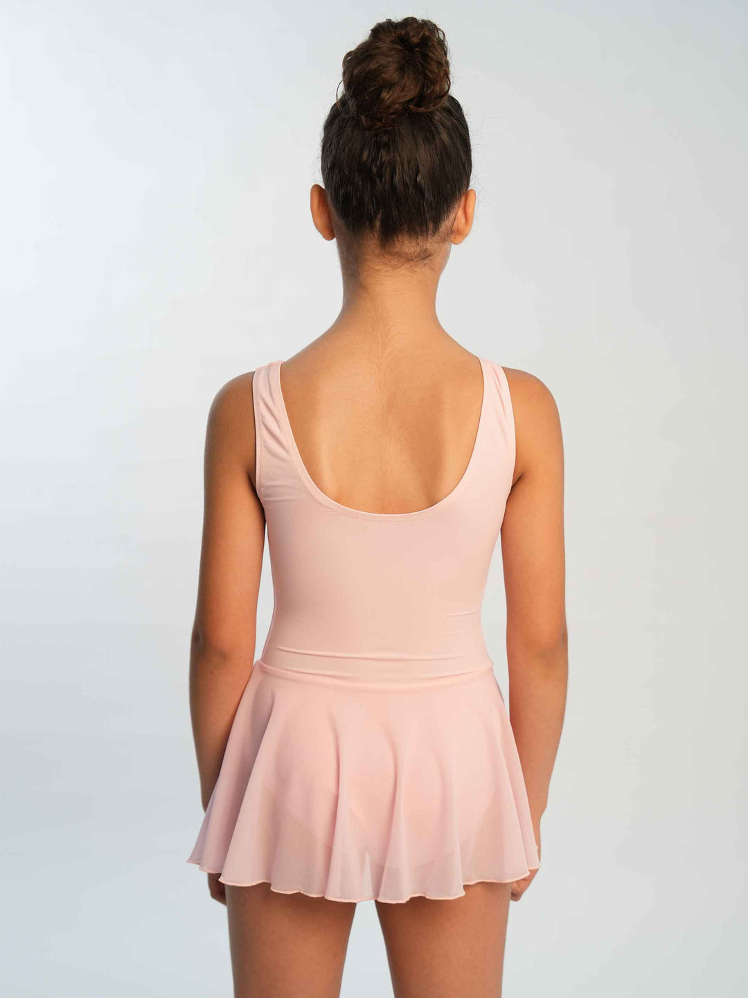Vestido de ballet para niña à manches tank, falda fluido en mesh intégrée, couleur rosa clair - vue arrière