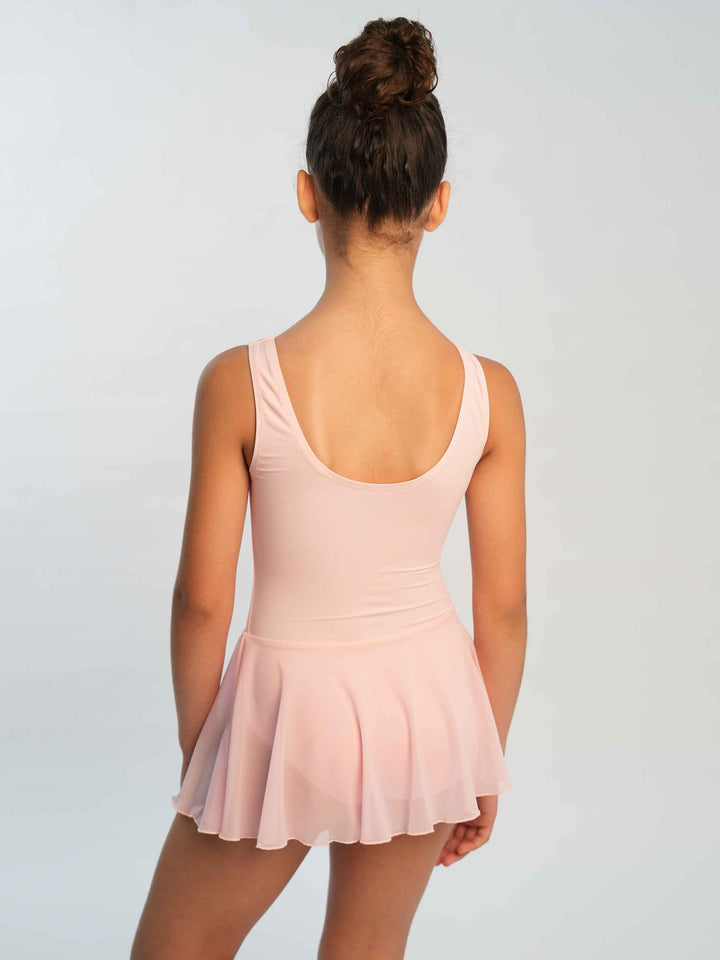 Vestido de ballet para niña à manches tank, falda fluido en mesh intégrée, couleur rosa clair - vue arrière