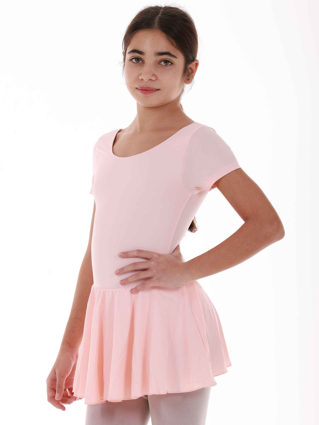 Vestido de ballet à mangas cortas para niña, falda fluido attachée, encolure arrondie et dos dégagé pour un look flatteur, couleur rosa saumon