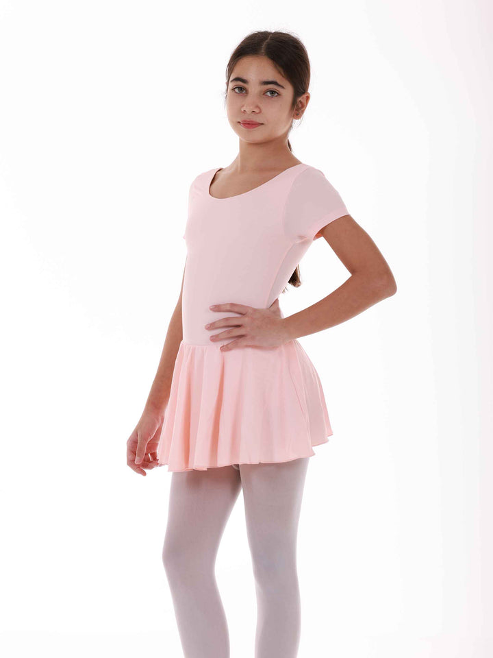 Vestido de ballet à mangas cortas para niña, falda fluido attachée, encolure arrondie et dos dégagé pour un look flatteur, couleur rosa saumon