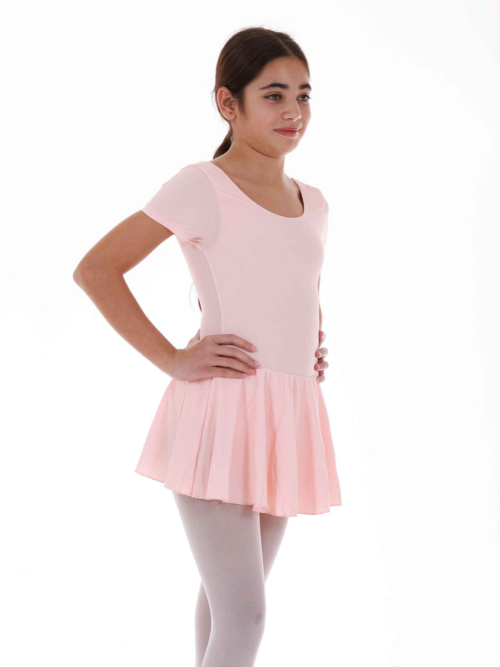 Vestido de ballet à mangas cortas para niña, falda fluido attachée, encolure arrondie et dos dégagé pour un look flatteur, couleur rosa saumon - vue de côté