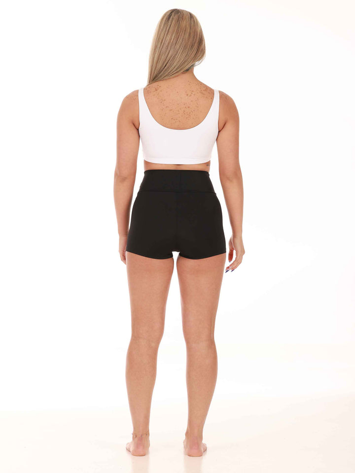 Short taille haute de danse et yoga para mujer, avec large ceinture de 8 cm pour un sujeción óptima, couleur negroe - vue arrière