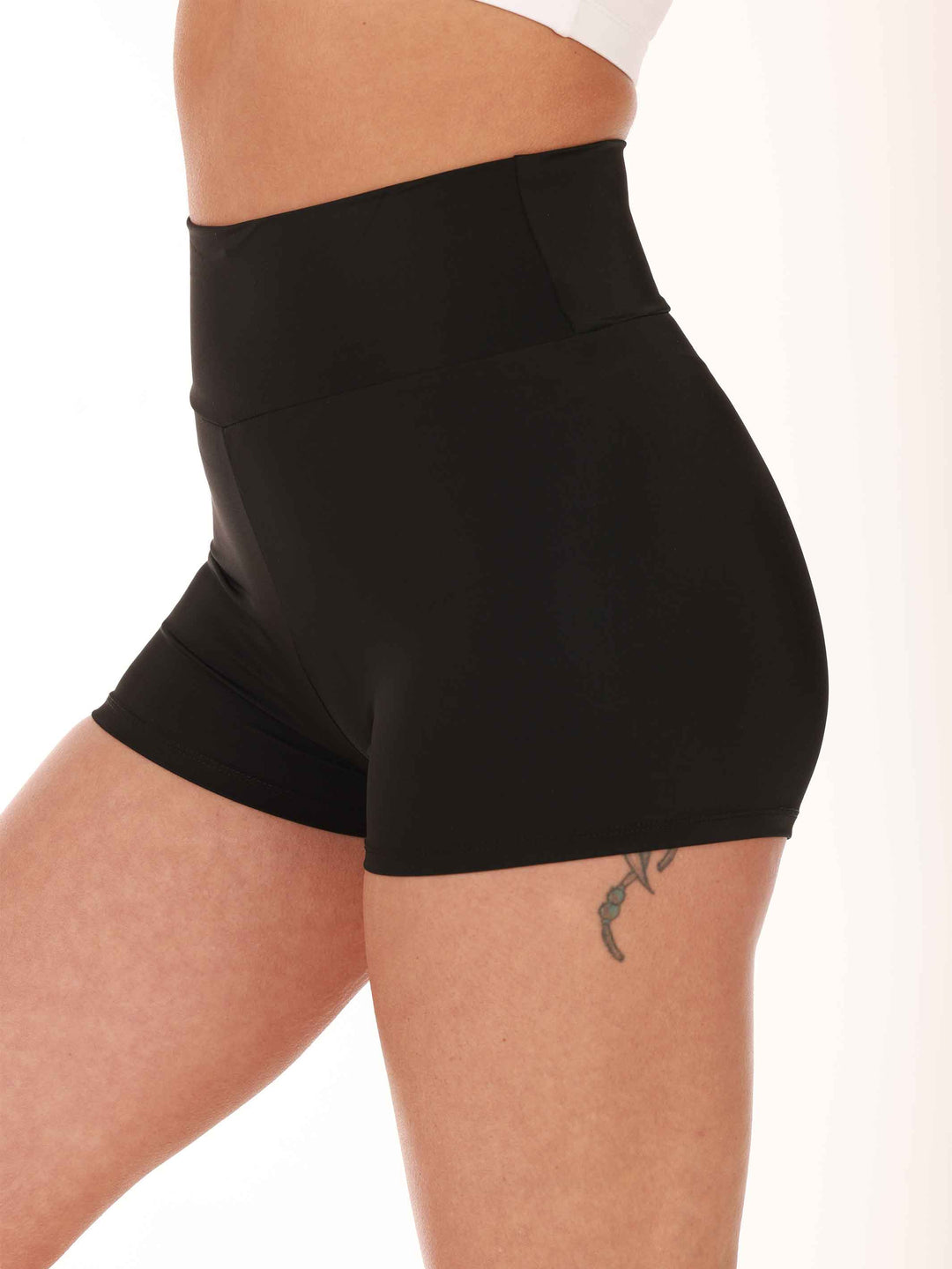 Short taille haute de danse et yoga para mujer, avec large ceinture de 8 cm pour un sujeción óptima, couleur negroe - vue de côté