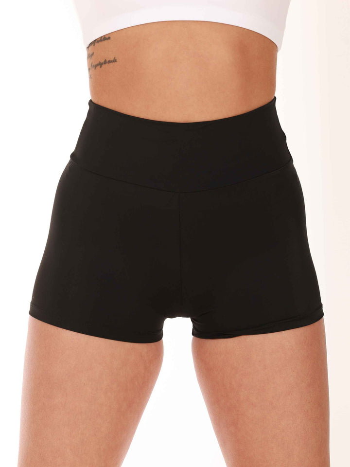 Short taille haute de danse et yoga para mujer, avec large ceinture de 8 cm pour un sujeción óptima, couleur negroe - vue de face