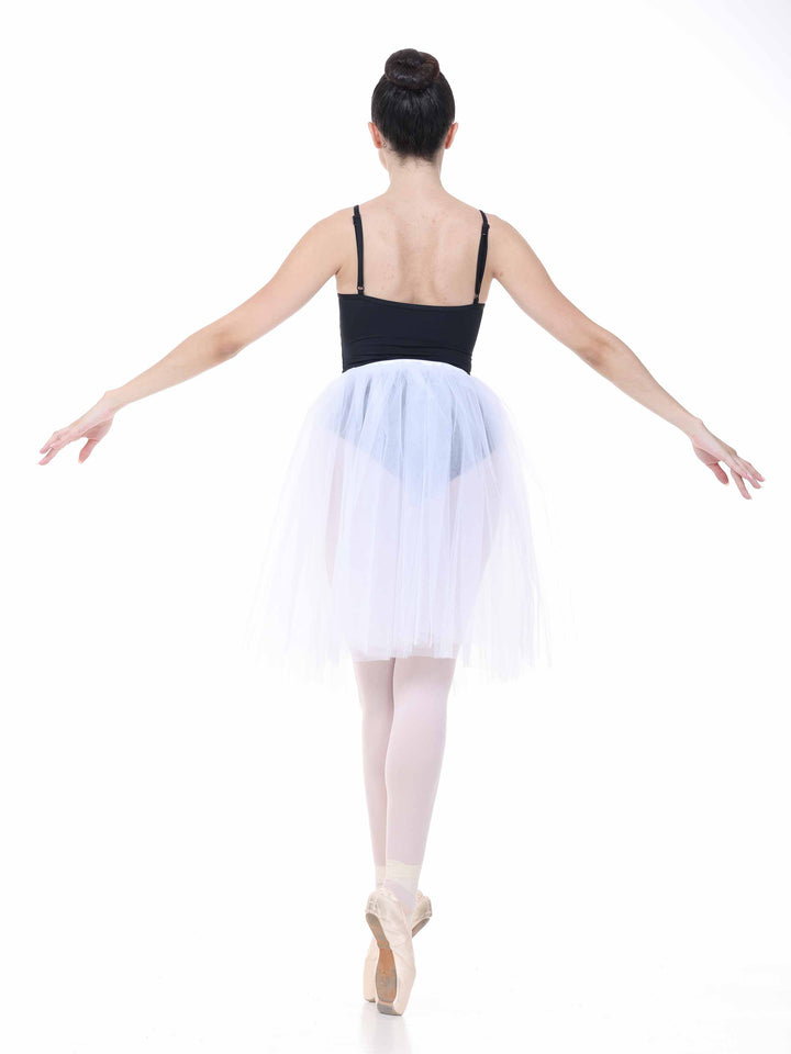 Vue arrière d’une bailarina en tutu blanco en pointes – tenue elegante para le ballet.